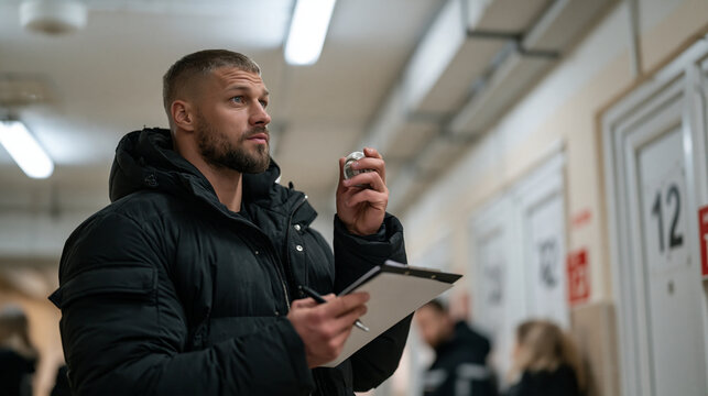 A Ukrainian building inspector holding a clipboard checks a hallway smoke detector in a multi storey apartment block, fluorescent corridor lighting and numbered fire exit doors