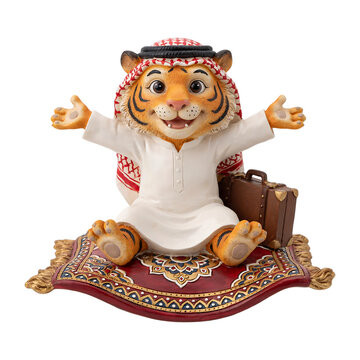 Happy cartoon tiger character wearing traditional middle eastern robes sitting on a flying magic carpet with arms outstretched traditional clothing white background suitcase figurine character