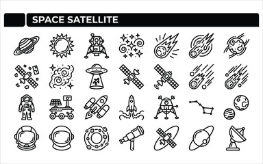Space satellite line icons set featuring orbital technology and cosmic exploration tools for digital projects. © PNG world