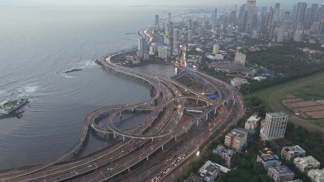 Aerial Evening View of Mumbai Coastal Road Haji Ali Dargah and Mumbai Skyline Maharashtra
