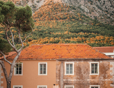 Rustic building with orange tiled roof and weathered walls, surrounded by lush green trees and hills in a serene landscape setting