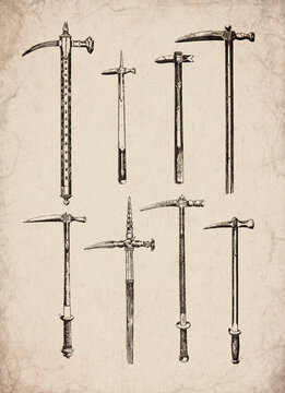 Engraved Historic Ornate War Hammers and Poleaxes Historical Engraving