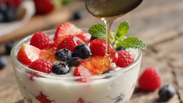 Sweet honey drizzled over a vibrant berry yogurt parfait on rustic wood.
