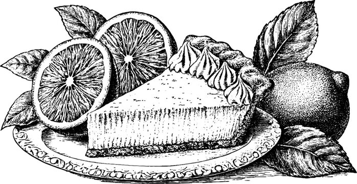Antique engraved key lime pie slice with citrus and whipped cream for menu design and vintage label background