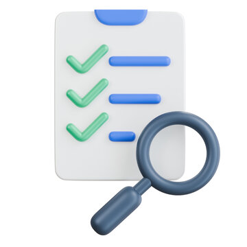 3D assessment checklist icon with magnifying glass for business survey, audit, test, research.