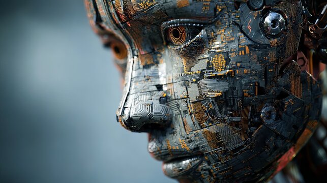 Intricate robotic portrait, showcasing metallic textures, orange highlights, against a misty blue backdrop, a futuristic concept