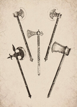 Engraved Historic Ornate Eastern and Indian Poleaxes and Battle Axes Historical Engraving