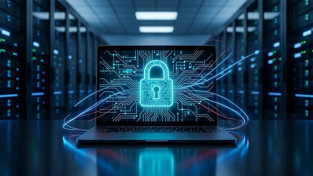Cybersecurity professional analyzing digital network security on futuristic server display with encrypted data visualization