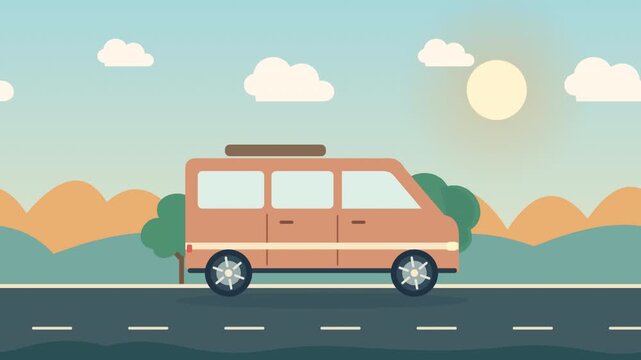 Animated Flat Vector Van Driving on Country Road