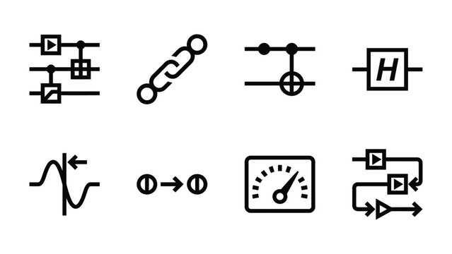 Quantum Circuit Symbols: A collection of abstract symbols representing fundamental concepts in quantum computing, including gates, operations, and measurement devices.