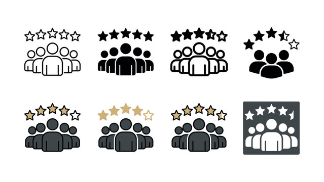 Set of eight different user rating icon designs featuring people and stars