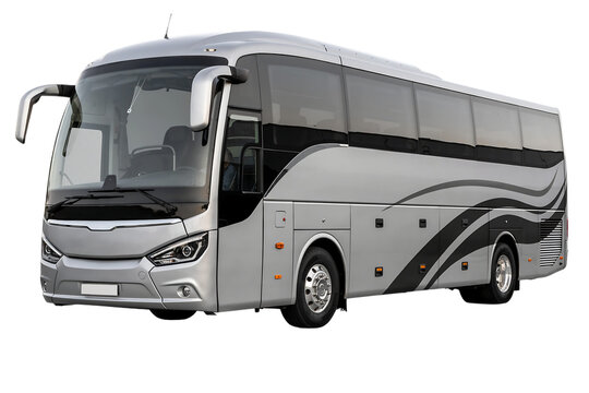Modern silver touring bus on a white background with public transport passenger transport travel bus coach bus motor coach road travel luxury bus commuter bus shuttle bus modern vehicle