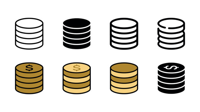 A collection of various coin stack icon designs isolated on white background