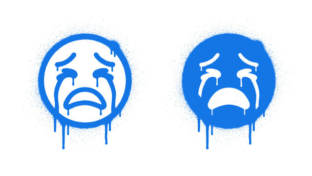 Blue Crying Face Spray Paint Graffiti Icon Set with Outline and Filled Variations Sad Emoji Expression Symbol Urban Street Art Graphic Element for Poster Branding isolated on transparent background