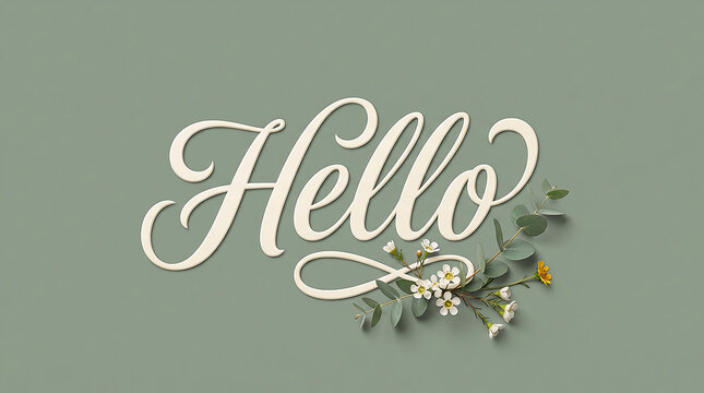 Hello text written in elegant white calligraphy script with a small floral arrangement on sage green