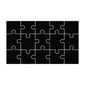 Black jigsaw puzzle pieces template with white outline on white background for design