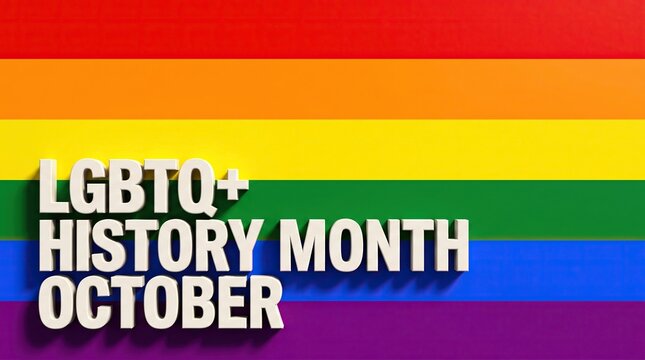 Rainbow pride flag background with white text reading LGBTQ+ HISTORY MONTH OCTOBER against vibrant stripes, October awareness campaign banner template.