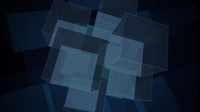 Abstract geometric cubes floating in dark blue space with transparent surfaces and layered depth