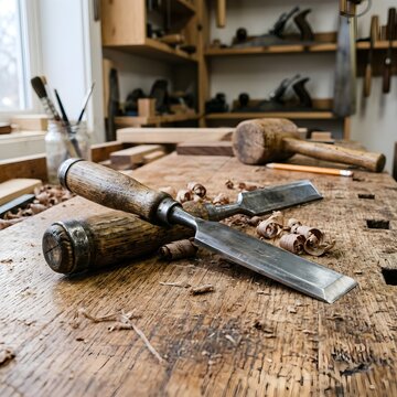 Woodworker using traditional hand tools on a rustic workbench with chisels and mallet