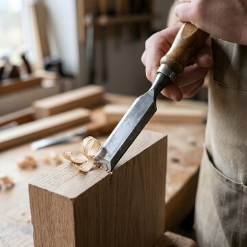Carpenter using a wood chisel to carve a piece of oak in a workshop
