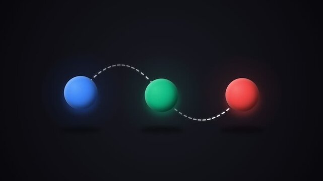 Three glowing spheres connected by a dashed line on dark background