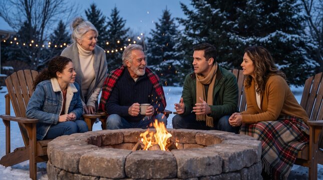 Multi-Generational Family by Outdoor Fire Pit in Winter