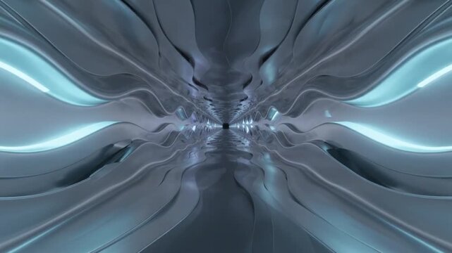 futuristic metallic wavy tunnel camera moving forward 3d motion background