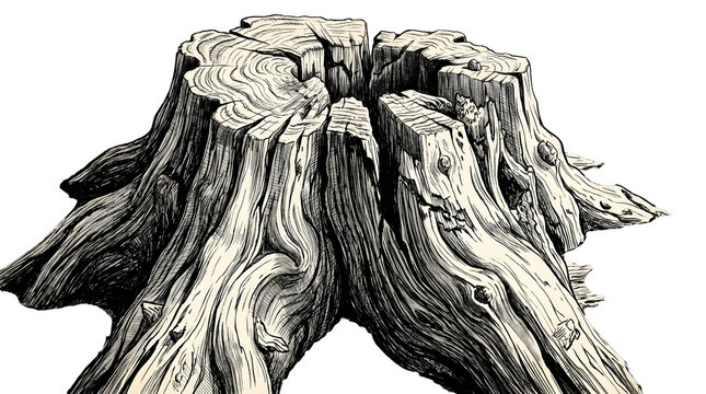 Hand drawn old tree stump line art vector isolated on transparent background, detailed wood grain and cracked bark texture, vintage botanical ink sketch clipart graphic asset for forest and nature des