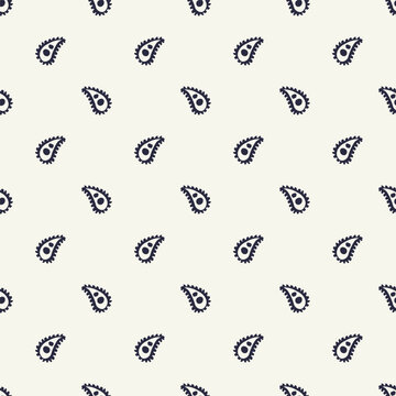 Seamless minimalist paisley pattern in dark navy scattered across cream background. Monochrome geometric vector repeat