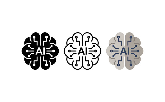 Artificial intelligence brain icons set, digital machine learning symbols, tech AI logo design elements