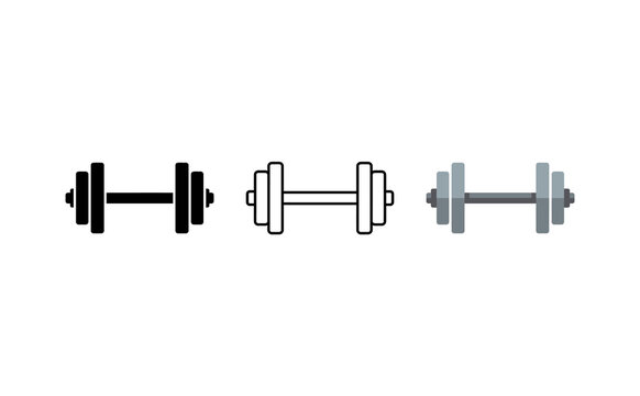 Dumbbell icon set in three styles, fitness barbell symbols for gym branding, weightlifting equipment graphic elements
