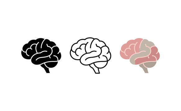 Minimalist human brain icons set, medical neurology symbols, mental health and psychology vector graphics