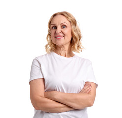 Fototapeta premium Portrait of happy mature woman on white background