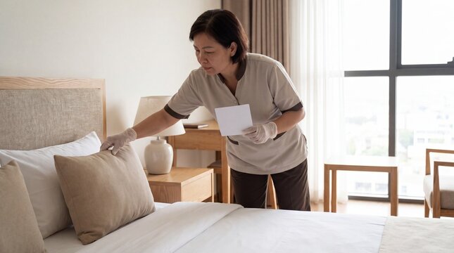 Hotel housekeeper completing guest room turnover inspection