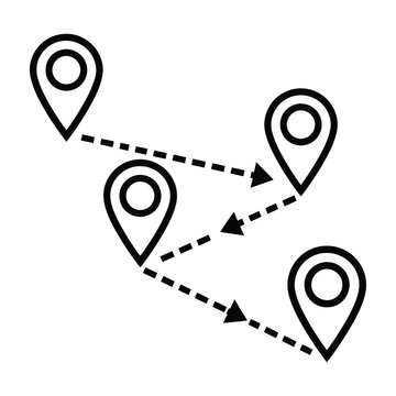 Navigation route map icon with multiple location pin markers connected by dashed directional arrows indicating travel path