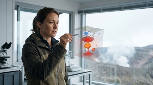 Female scientist in laboratory analyzing a 3D holographic magma chamber model with active volcano in background