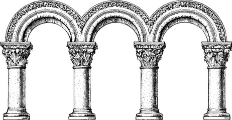 Obraz premium Antique engraving of romanesque crypt arches and capitals isolated on white for historical background and architectural restoration design