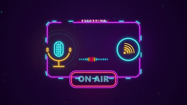 Neon podcast recording interface on dark background with microphone icon and on air sign.