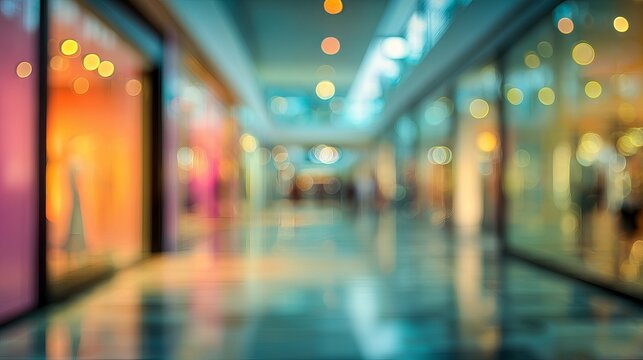 Blurred interior showcases a vibrant shopping mall, filled with warm lights, creating a cozy, commercial background concept