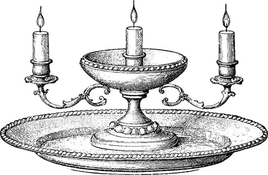 Antique engraving of a threearm candle holder on a decorative tray isolated on white for vintage background and ornamental design