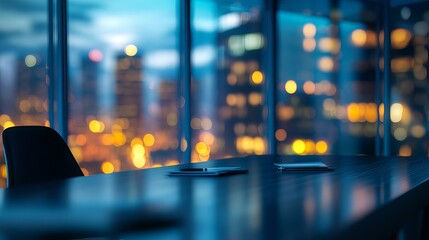 Obraz premium Modern office conference room desk featuring documents and chair overlooking glowing urban city lights during a dark blue evening hour