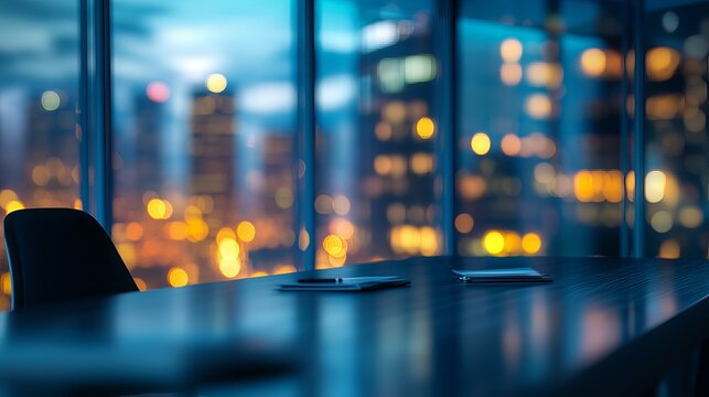 Modern office conference room desk featuring documents and chair overlooking glowing urban city lights during a dark blue evening hour