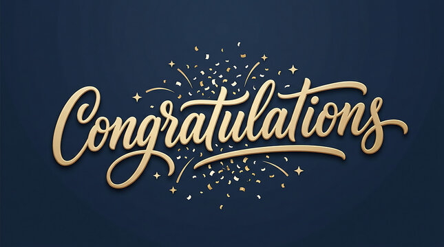 Gold congratulations lettering with decorative sparkles isolated on a dark blue background