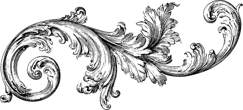 Antique engraved scroll pattern isolated on white background for vintage ornamental border and decorative flourish element for classic design and frames