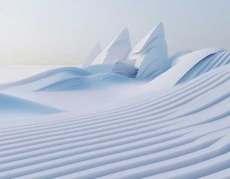 Surreal futuristic architectural landscape composed of enormous smooth parametric hills, flowing geometric ridges and sculptural white structures, subtle blue shadows, minimalist horizon