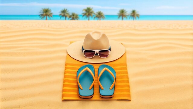 Summer accessories on sandy beach