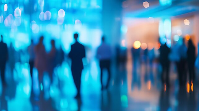 Silhouettes of professional business people walking through a bright modern hallway with vibrant blue lighting and soft blurry bokeh effects