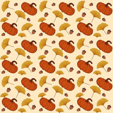 Warm autumn seamless pattern with pumpkins ginkgo leaves and acorns on cream background