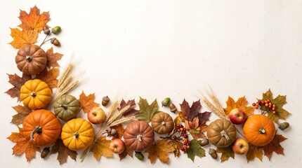 Fototapeta premium Autumn harvest border with pumpkins, colorful maple leaves, wheat, apples, and acorns isolated with copy space on white background