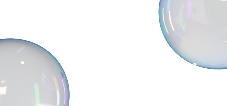 Framing composition of two glossy clear transparent soap bubbles in opposite corners on transparent background. Translucent liquid spheres, 3D glass orb reflections, and clean air bubble overlay